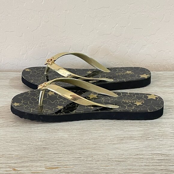 Michael Kors Sandals MK Flip Flops 6 Thong Gloss Black Metallic Gold Stars - Picture 7 of 12